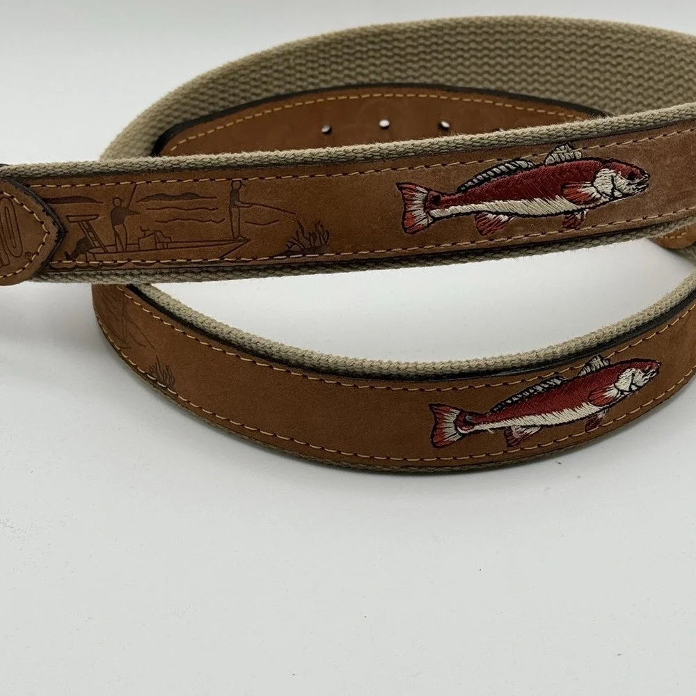 Zep-Pro Redfish Embroidered Leather Canvas Belt Size 40 USA Solid Brass